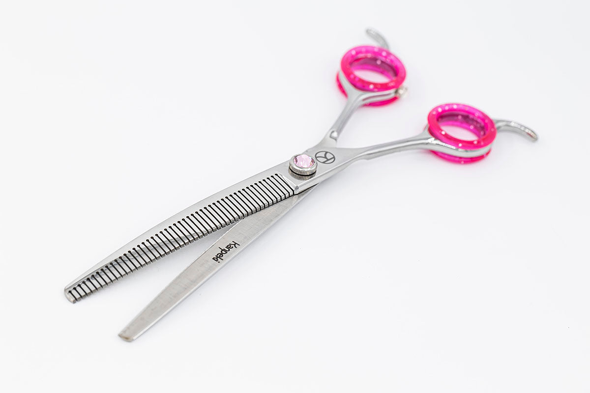 Curved Pink 7.5” 48T Left Handed Blending Texturising Fluffer Scissor